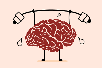 Lustige Grafik eines Gehirns, das ins Schwitzen kommt, weil es Gewichte hebt