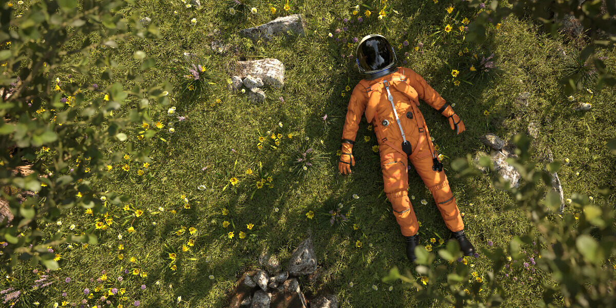 Ein Astronaut liegt verträumt auf einer Wiese. So fühlen sich viele Führungskräfte in Zeiten von New Work