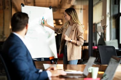 Coach und Coachee entwickeln gemeinsam eine Strategie für die Karriere an einem Flipchart