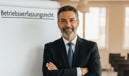 IFM-Seminarleiter für Betriebsverfassungsrecht vor Flipchart | KI-generiert