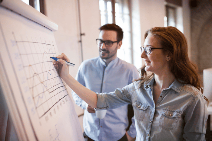 Coach und Coachee arbeiten am Fliptchart gemeinsam an den nächsten beruflichen Zielen